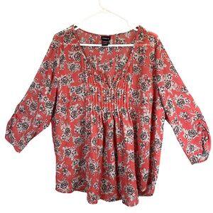Torrid Coral and Black Sheer Floral 3/4 Sleeve Blouse 1 (XL)